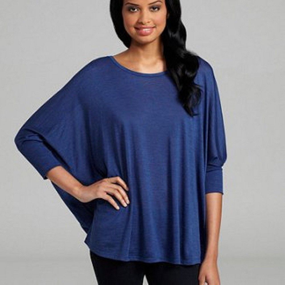 Eileen Fisher Shirt Womens Medium Blue Silk Cotton Dolman 3/4 Sleeve Tunic Top